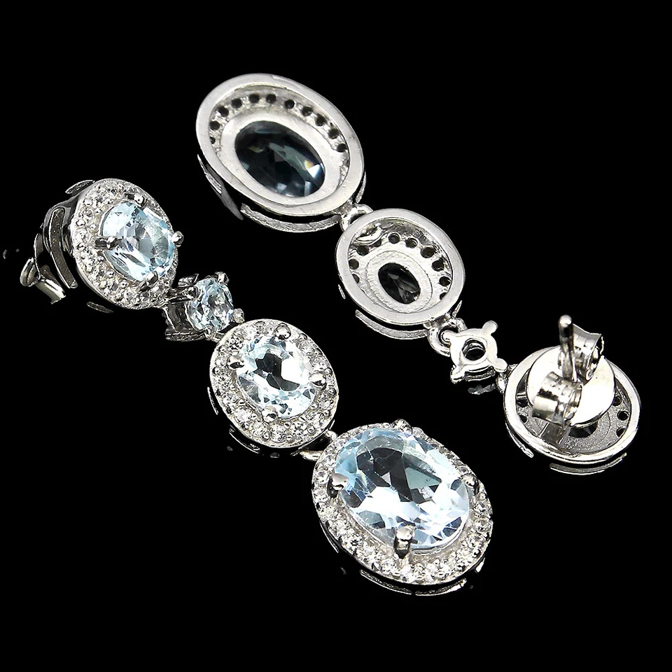 925 Orecchini Argento Sterling Ovale Topazio Blu 8x6mm Bianco Gemma Gioielli - Immagine 3 di 4