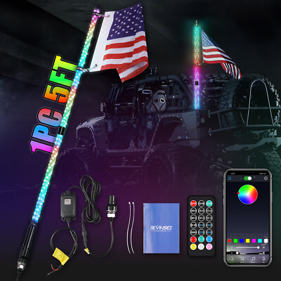 1x 5FT LED Spiral Whip Lights RGB Chasing Lighting Antenna w/ Flag App & Remote