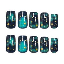 24pcs Green Square Press-On Nails, Medium Length, Glossy, Starry Night