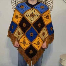 Vintage Granny Square Poncho Handmade Crochet Afghan Boho Cape