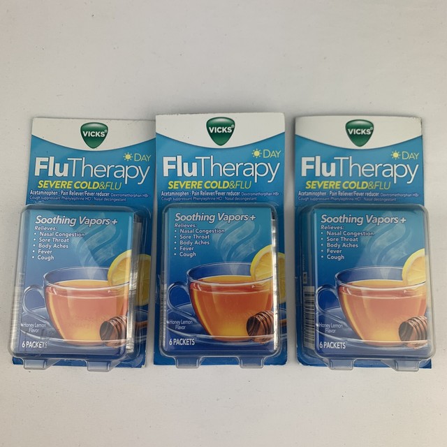 3 Pack Vicks Flu Therapy Daytime 6 Packet Each Severe cold&flu Honey