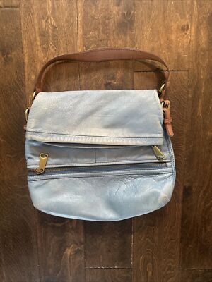 FOSSIL Explorer Flap Foldover Hobo Blue Leather Slouch Shoulder Bag  Explorer