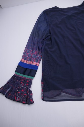 Desigual Allegra Felso Top Sz Lrg Pleated bell cuff L/S Sheer Blue Design Lined - Picture 18 of 21