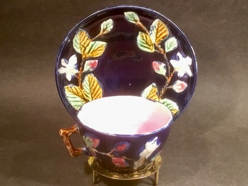 Antique Cobalt Blue and Pink Majolica Cup and Saucer