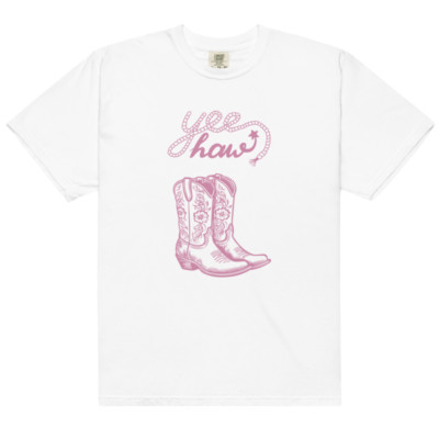 Womens Pink Yee Haw Graphic Tee with Cowboy Boots T-Shirt Western Theme