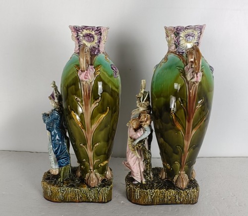 Art Nouveau French Pair Barbotine Majolica Large Vases Lady Man Figurines Gorge - Picture 11 of 11