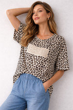 T-SHIRT DONNA BASILE  JERSEY COTONE FANTASIA ANIMALIER STRASS LOGO ART. BEW237