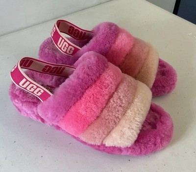 UGG Fluff Yeah Women s Hot Pink multi tone Slippers with Logo Strap Sz 8 EUC