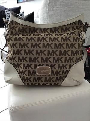 Michael Kors Millbrook Signature MK Jacquard Large Tan Shoulder Hobo Bag Leather