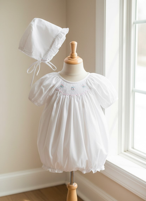NWT Petit Ami White Smocked 2pc Bubble Romper Preemie Bonnet Baby Girls  Bonnet | eBay