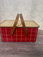 Salerno Cookies Crackers Vintage Tin Picnic Basket Wooden Handles Red & Cream