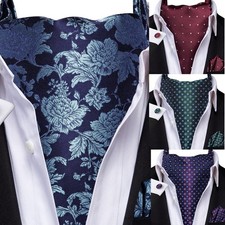 Formal Blue Men's Ascot Cravat Tie Paisley Floral Hanky Cufflinks Set Wedding