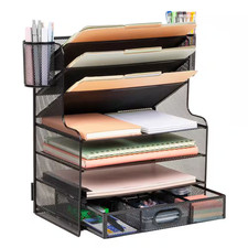 Black 9 In. W X 16 In. H Metal Mesh Desk Organizer, 6 Compartments, 1 Drawer, 2