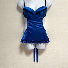 Frederick's of Hollywood Satin Lace Babydoll One-Piece Blue/Black XL