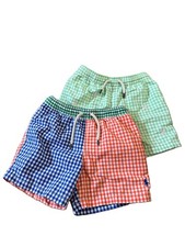 Lot Of 2 Polo Ralph Lauren Boys Traveler Swim Trunks, Colorblock Gingham Sz 5