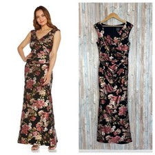 Adrianna Papell 8 Foiled Crepe Draped Gown Dress Metallic Floral Ruched Formal
