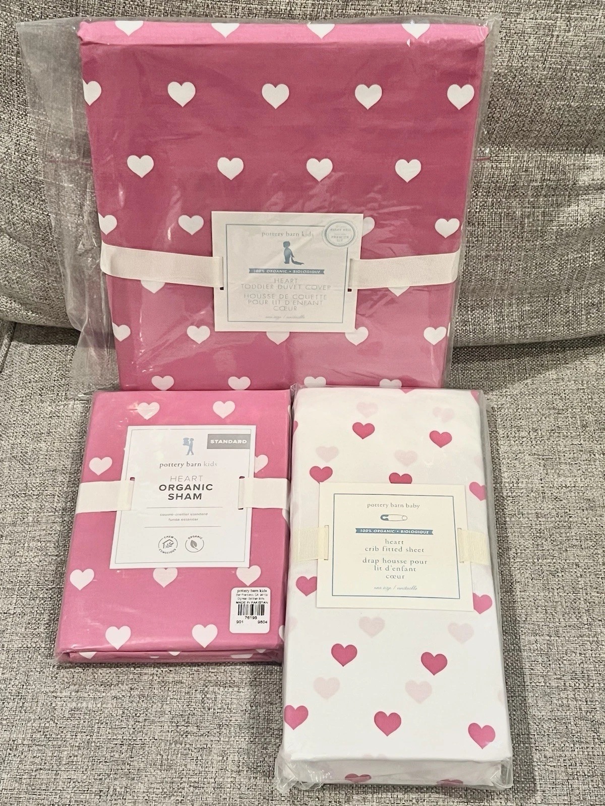 NEW Pottery Barn Kids Bright Pink Heart Toddler Duvet, Standard Sham, Crib Sheet