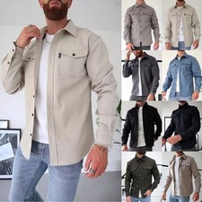 Casual Mens Warm Blouse Buttoned Long Sleeve Shacket Work Shirt Jacket TopSolid