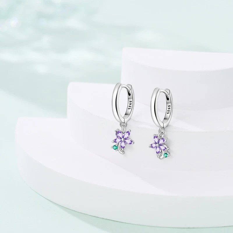 PANDACH 925 Sterling Silver Purple Flower Dangle Earrings For Women Jewelry Gfit - Image 2 of 4