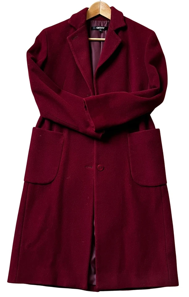 DKNY Y2K Chesterfield Coat Women's Size 2 Burgundy Maroon Wool Blend Vintage 90s - Image 2 of 4