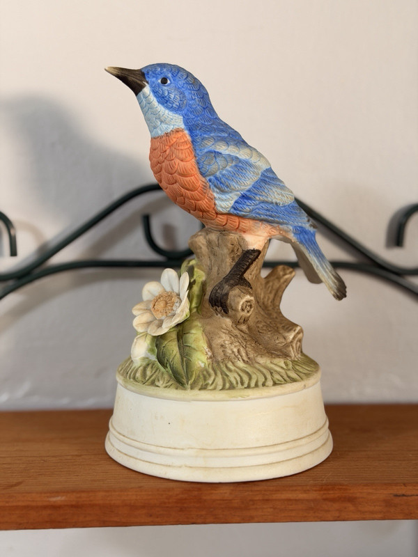 Blue & Orange Ceramic Bird Figurine on Floral Base Decorative Sculpture