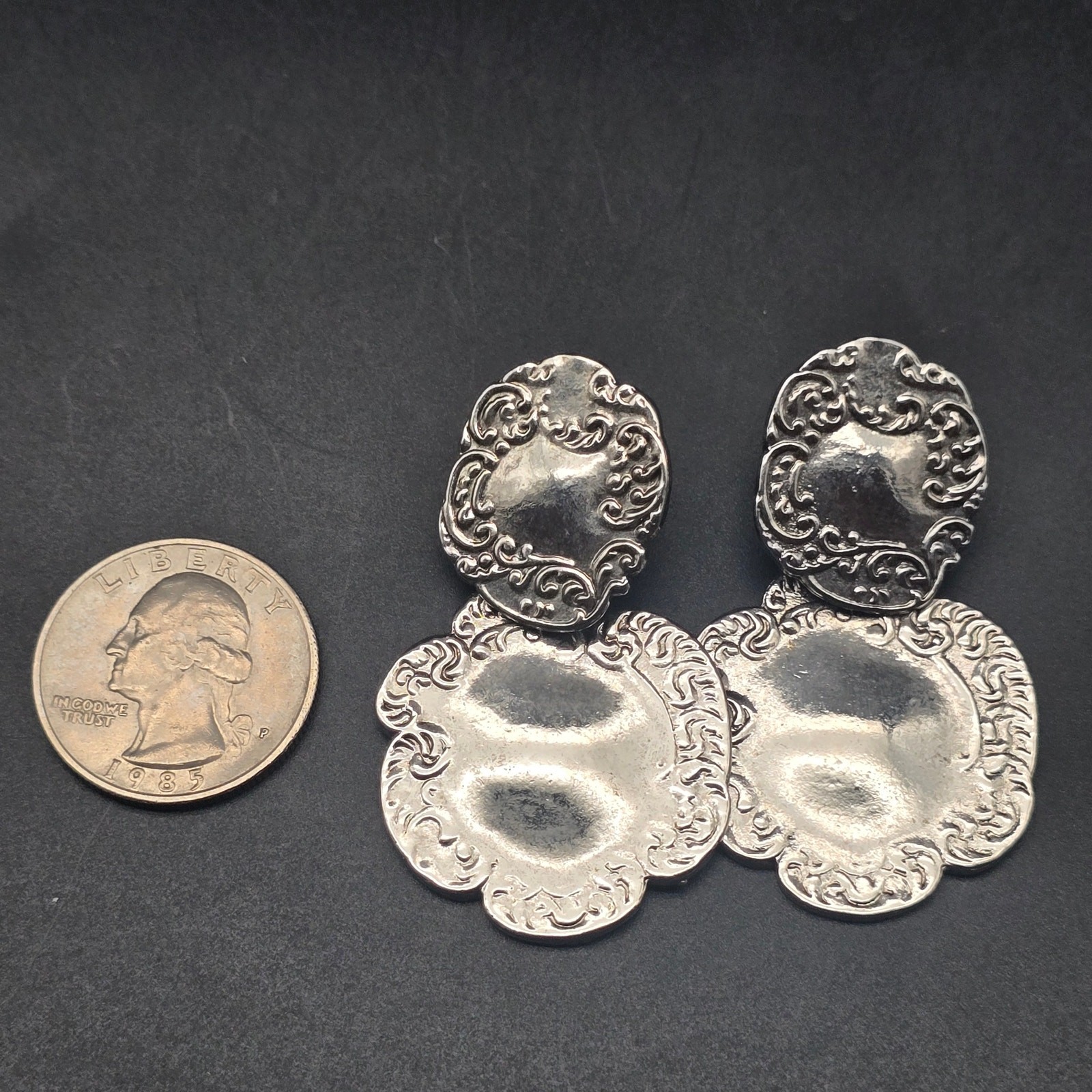 Silver Tone Repousse Earrings Large Statement Vin… - image 4