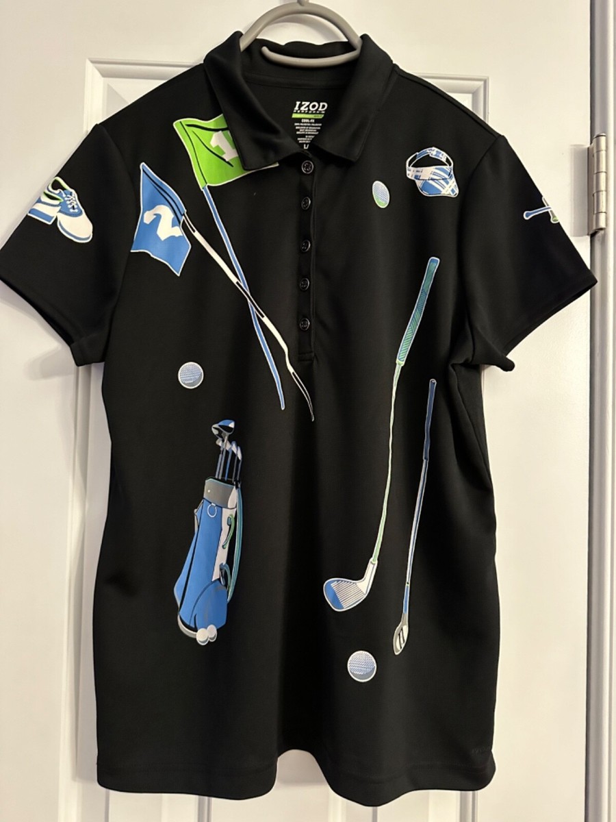 Izod Perform X Cool Fx Womens Golf Polo Shirt Black Print Golf Design, sz L