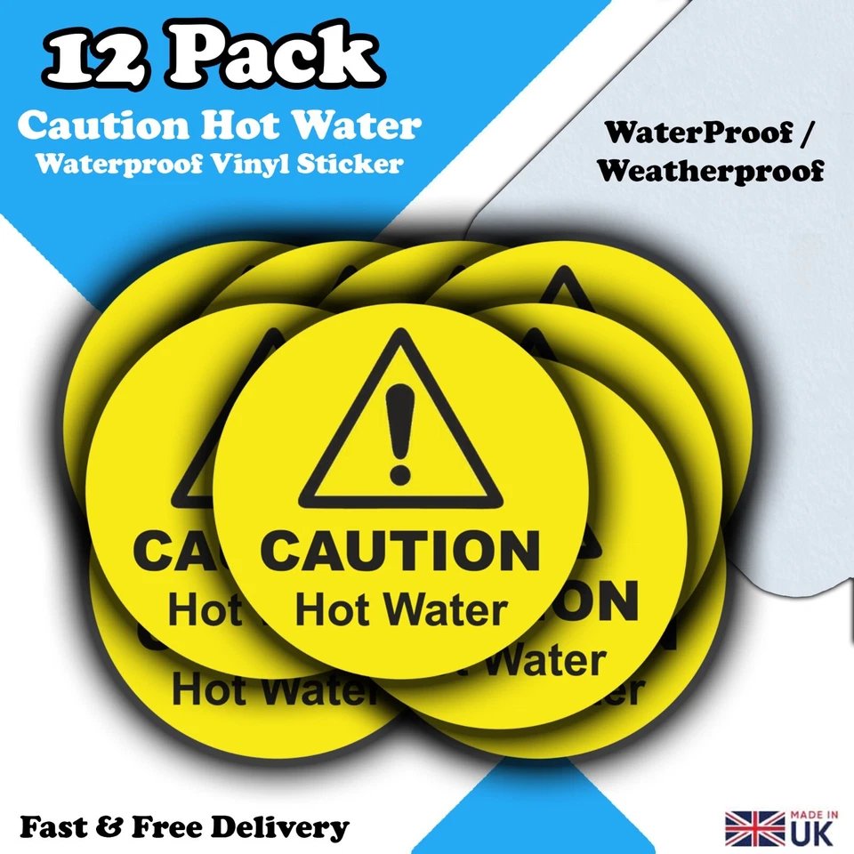 LUMEAN LTD 12-Pack Caution Hot Water -Round Vinyl Sticker Signs - Waterproof Kitchen labels