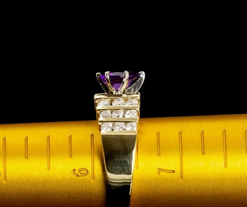 0.75 Ct Amethyst & Natural Diamond Cluster Ring 10k Solid Yellow Gold - Picture 4 of 5