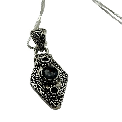 Sarda Sterling Silver 3 Stone Black Spinel Pendant Necklace Statement Designer - Picture 3 of 13