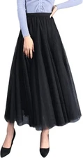 Women's Princess Elastic Waist Sheer Mesh Tulle Big Hem A-line Long Swing Skirt