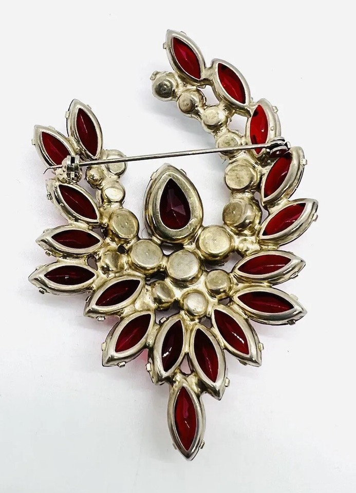 Large Red Jewel Tone & Pink AB Rhinestone Brooch 3 1/2 Inch Vintage