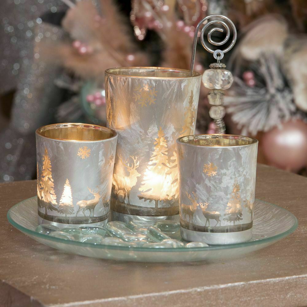 Festive Set of 3 Silver Winter Scene Glass Votive Tealight Holders on Tray, XMAS