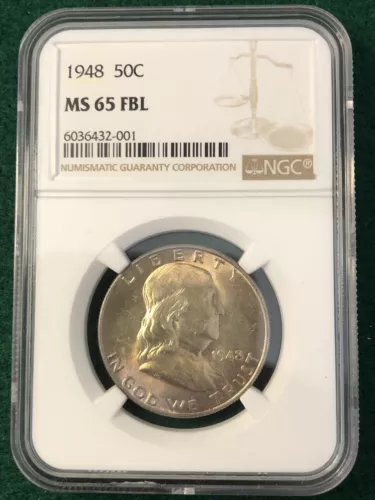 1948 P NGC MS65 FBL Franklin Half Dollar 50c US Silver Beautiful Color