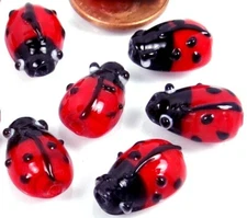 10 Small Lampwork Glass Ladybug Beads 14x10mm