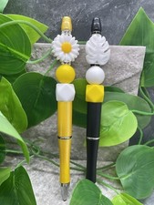 2 PC Handmade Silicone Wood Bead Rhinestone Black Ink Pen Set New Flower A3744