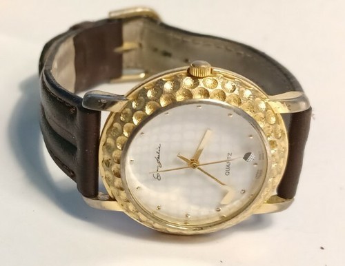 Men Jan Leslie Watch Golf Theme Gold Gold Case Brown Band White Face Vintage - Picture 11 of 12