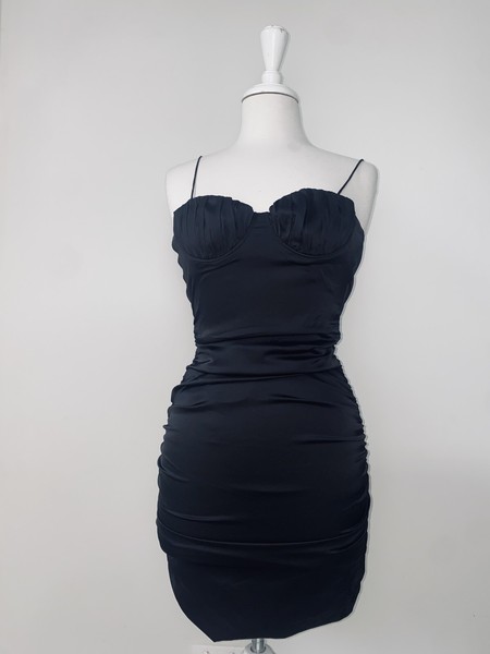 BNWT Meshki Ruched Thin Strap Bodycon Black Mini Dress Size XS Shimmer Stretchy