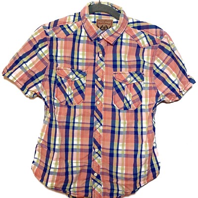 Red Camel Boy's Large 10/12 Blue Pink Plaid Button Up Short Sleeve Pearl Snap