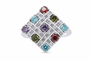 Authentic Multi Color Diamond & Simulated Diamond Cocktail Ring 14k White Gold Plated