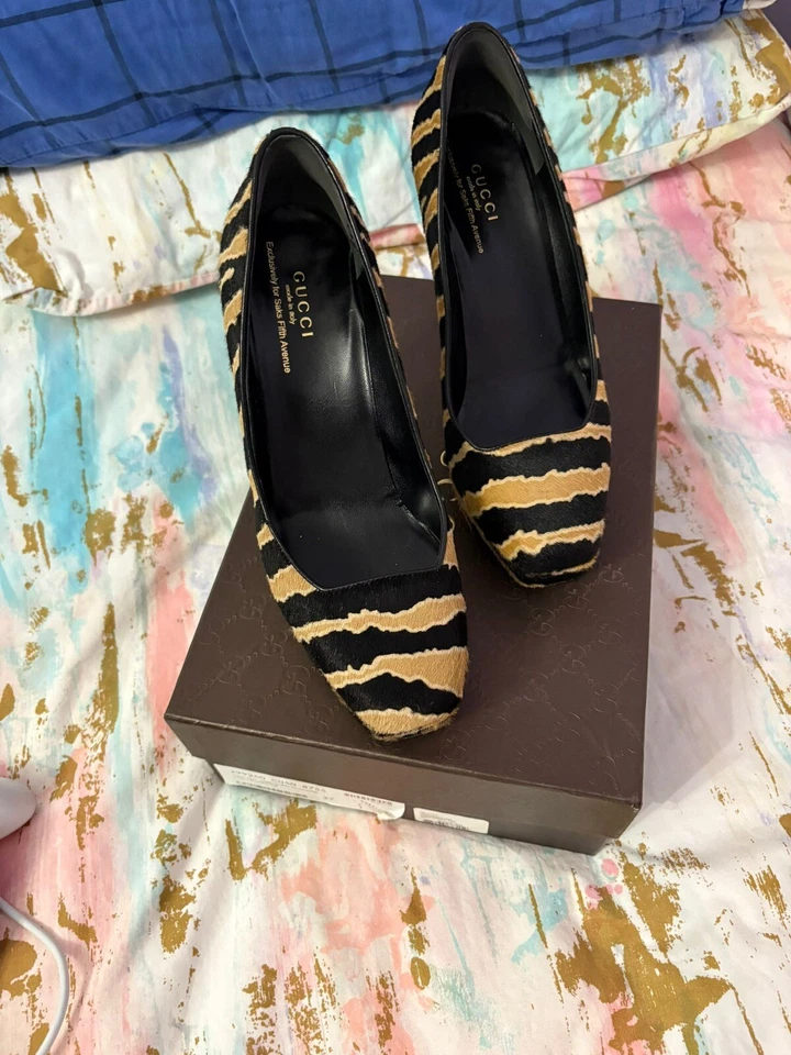 GUCCI Negro Tostado Talla 37 Pelo de Pony Tacones Zapatos Nappa SEXY CEBRA Foto 4 de 4