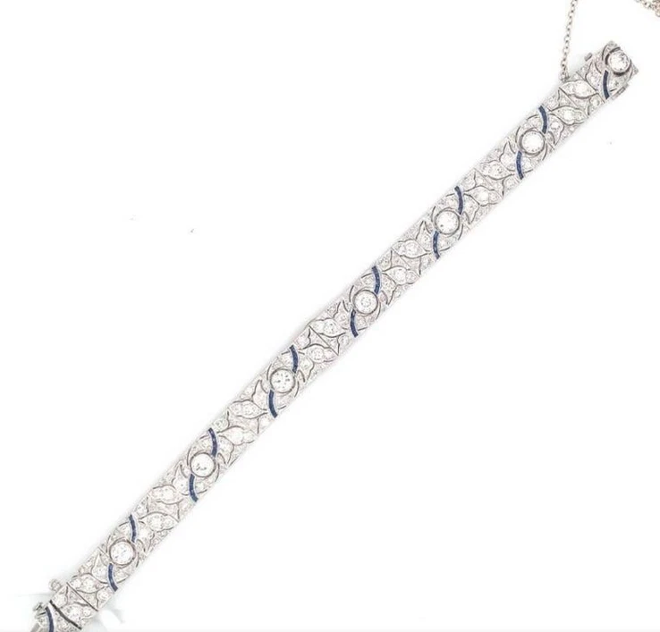 Fabulosas pulseras estilo eduardiano corte francés 7,96 quilates diamantes y zafiros azules Foto 3 de 4