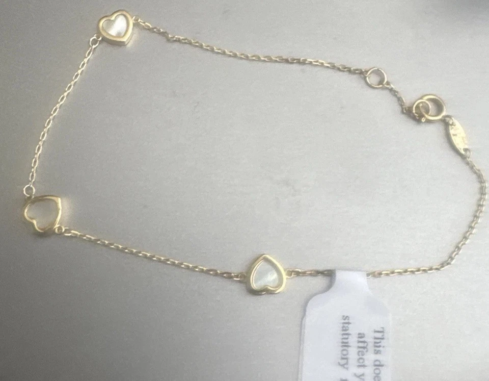 9ct gold mother of pearl Heart bracelet 7.5” 375 Hall Marked Lovely Golden Boxed - Image 2 of 4