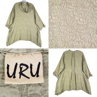 URU Top100% Silk Floral Jacquard Art to Wear Shirt Green Oversized XL Pockets