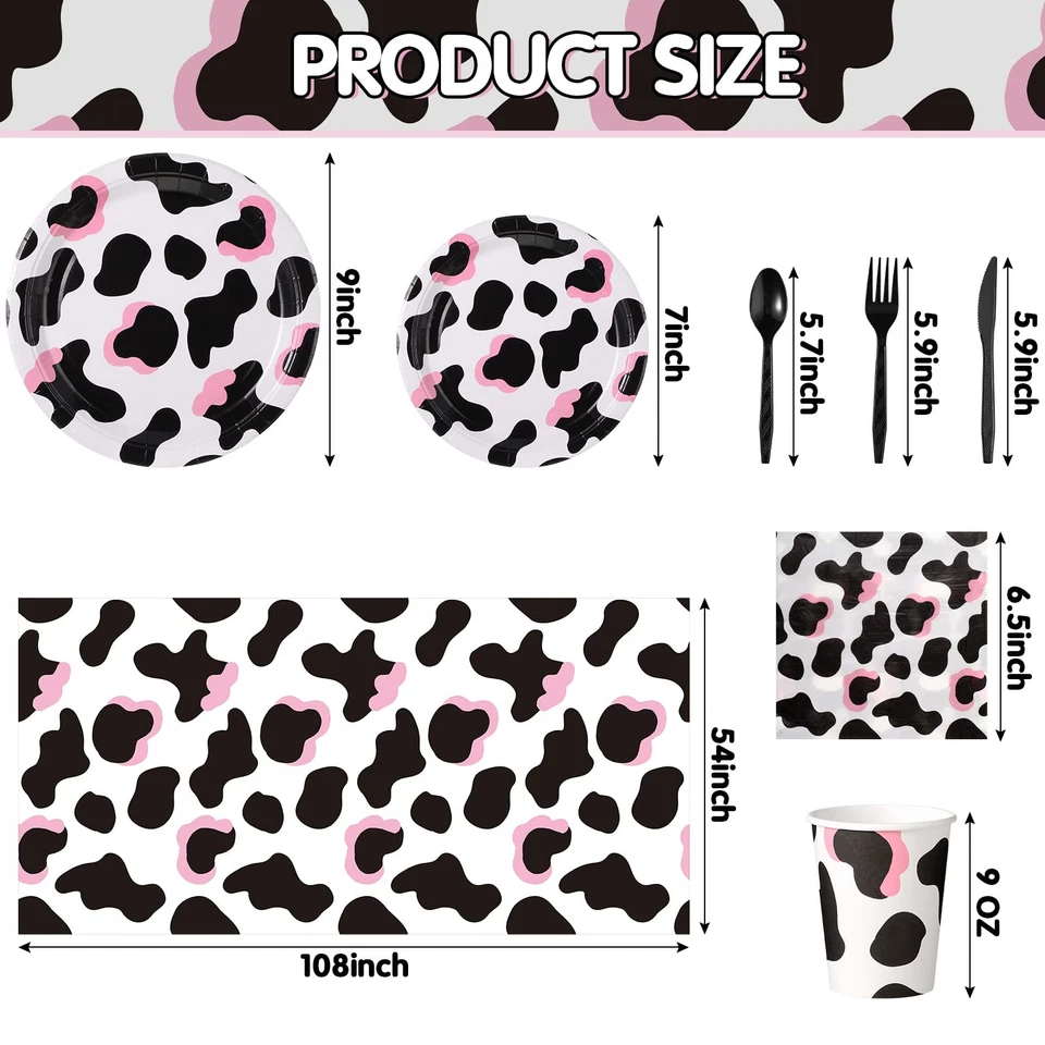 171 piezas suministros de fiesta con estampado de vaca rosa platos tazas servilletas cuchillo cuchara... Foto 3 de 4