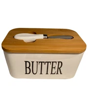 Wudkey White Ceramic Butter Dish with Wooden Lid and Stainless- Knife
