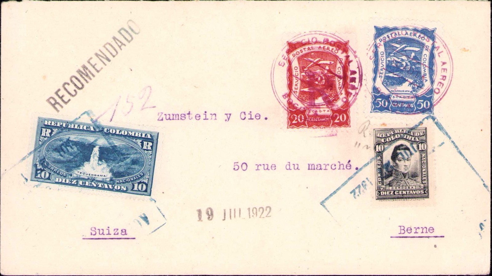COLOMBIA - SWITZERLAND - SCADTA - 50c REGISTERED COVER - BOGOTA to BERNE - 1922