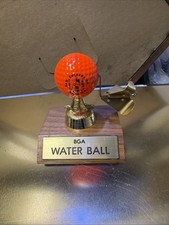 Vintage BGA Water Ball Golf Trophy Desk Display Wood Base Orange Ball