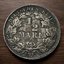 1917-A Germany Empire 90% Silver 1/2 Mark Berlin Mint Coin KM# 17 Lot D1-11
