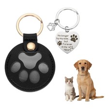 3.5" Pet Paw Print Keychain, Leather Hair Keyring, Silver Heart Charm, Black